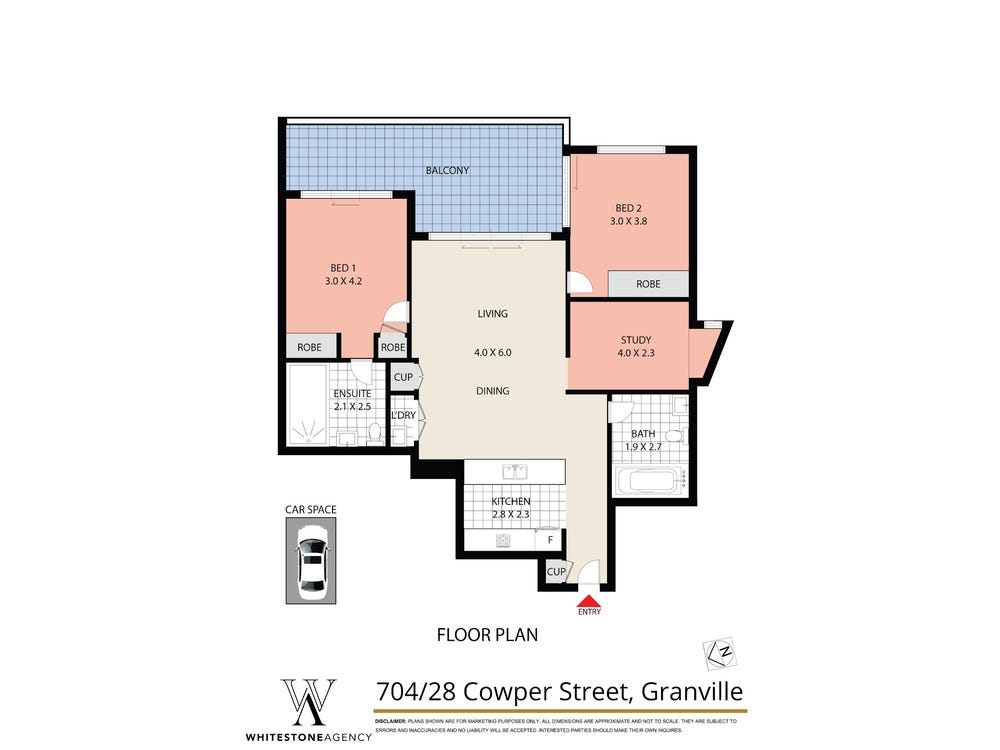 A704/28 Cowper Street:两房+书房 2025年已售单位:两房两卫一车位,独立书房约4.0×2.3m。