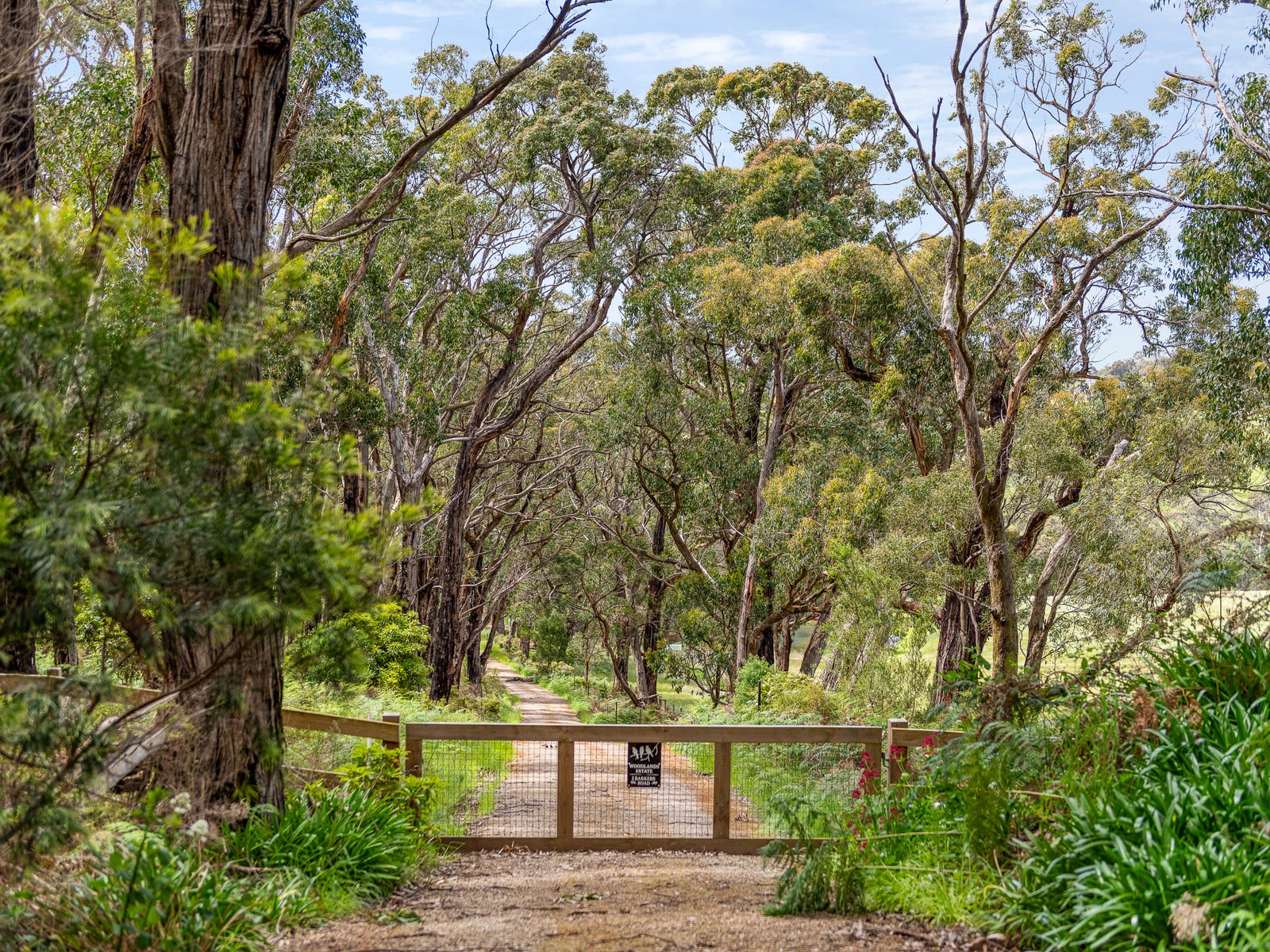 Gated entrance framed by trees