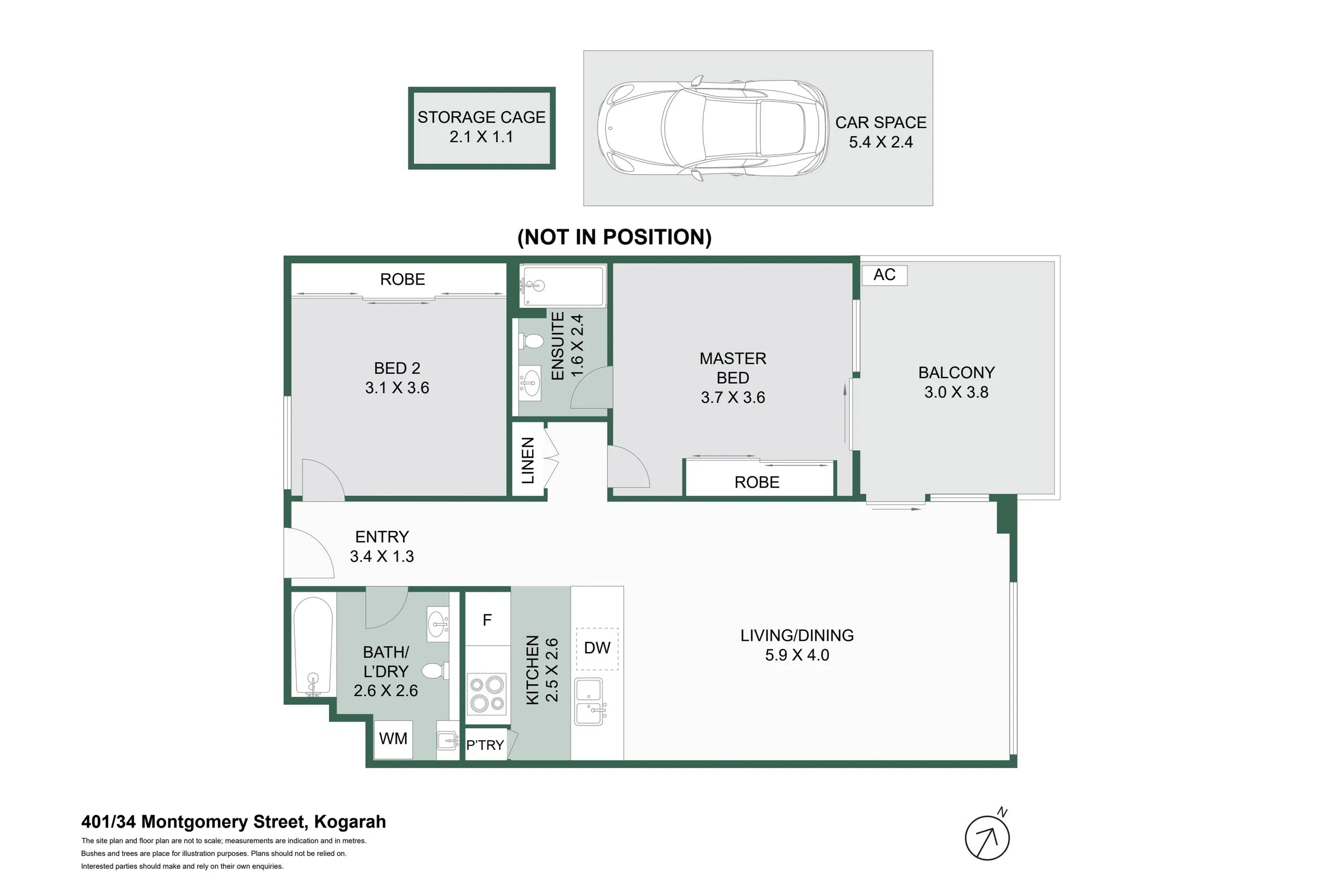 401/34 Montgomery Street|2房2卫 401原始平面图:主卧套卫、第二浴室兼洗衣区、阳台与独立车位储藏示意。