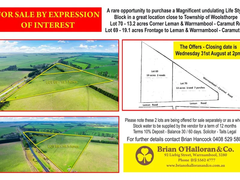 Lot 70- 13.2 Acres Croner of Leman & Warrnambool - Caramut Road Lot 69- 19.5 Acres Frontage to Leman & Warrnambool - Caramut Road