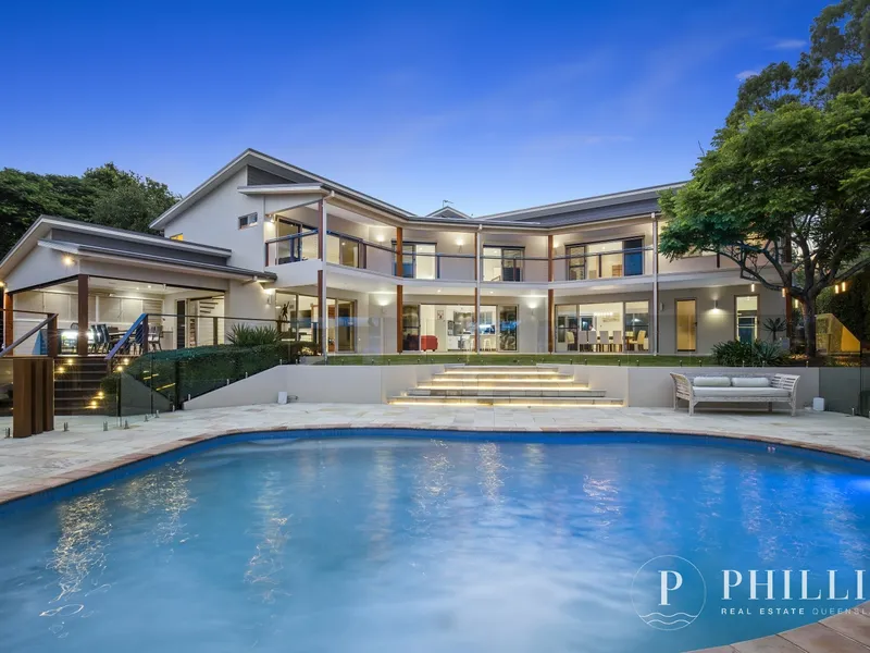 Panoramic views over the Gold Coast,  elevated modern home within a secured estate, with a separate flat and huge gardens