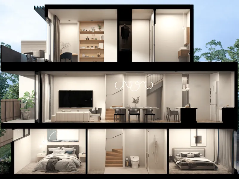 Neue Townhouses: Refined Living with Spacious Bedrooms, Elegant Bathrooms, and Premier Amenities.