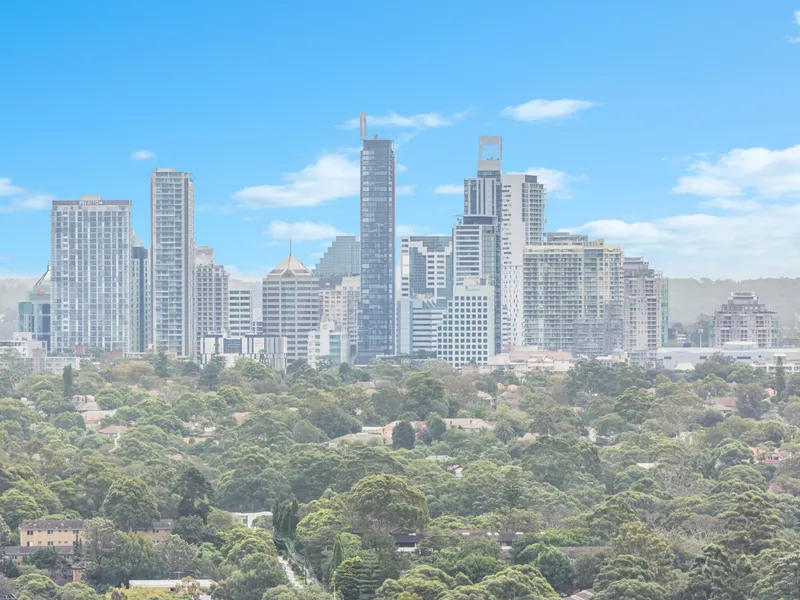 Impressive one-bedroom residence in an elevated Forum Tower with sweeping panoramic views, featuring breathtaking vistas of the Chatswood skyline