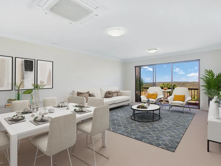 Modern style apartment with open plan layout and views over the surrounding bushland