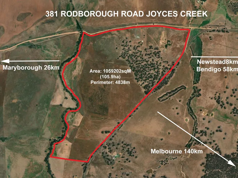 140 klms from Melbourne 8Klms from Newstead 2 homes 261 acres huge dam plus bore  / Opportunity for blended families or savvy developer!