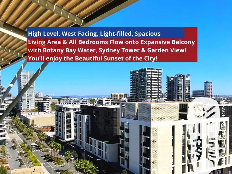 High Level 2 Bedroom flow onto Expansive Balconies with Botany Bay Water View and Sydney Tower View in the big complex!