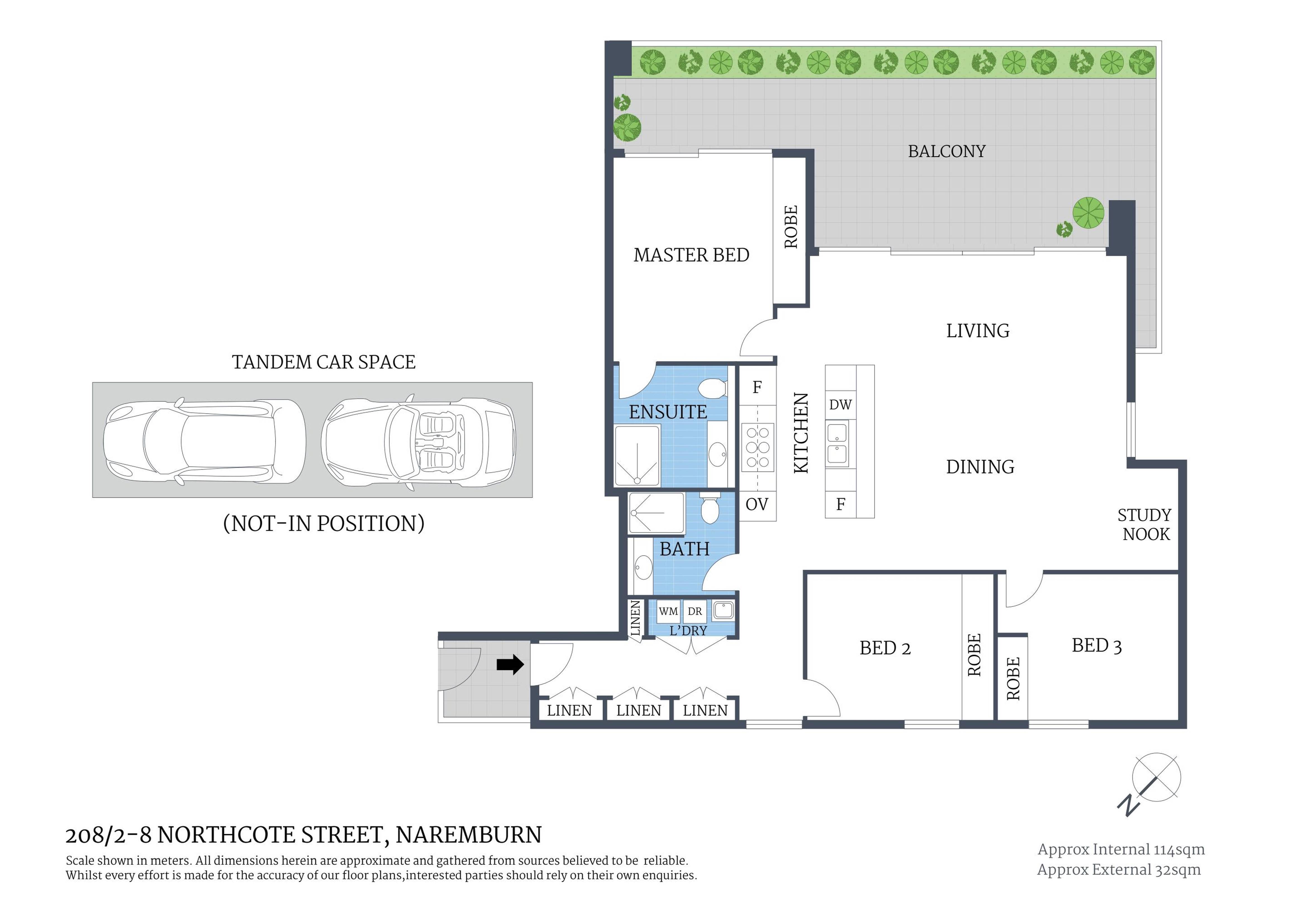 208/2–6 Northcote Street|3房2卫2车位 208室原图标约114㎡室内、32㎡室外,串联双车位、书桌角与主卧套卫;图底门牌写2–8,挂牌写2–6,签约时核对。