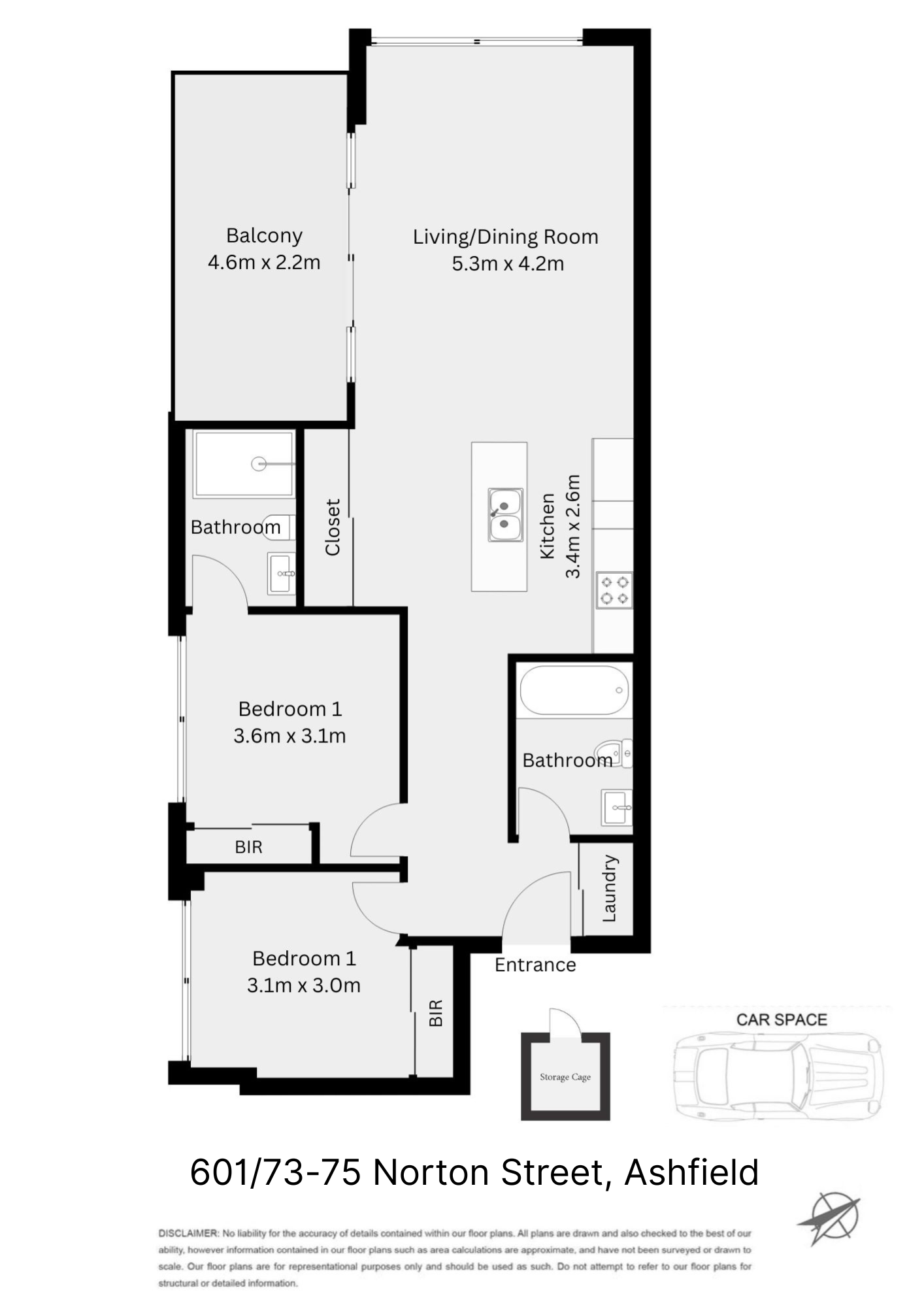601/73–75 Norton Street,两房 两房两卫、一车位及储物笼;客餐厅约5.3×4.2米,阳台约4.6×2.2米。