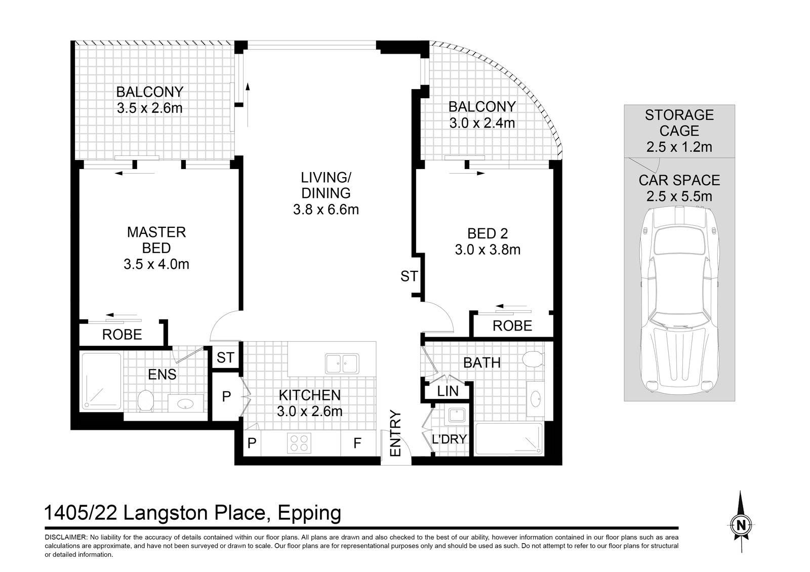 1405/22 Langston Place:两房双阳台 两房两卫一车位,两卧分别连接阳台;另配储物笼。