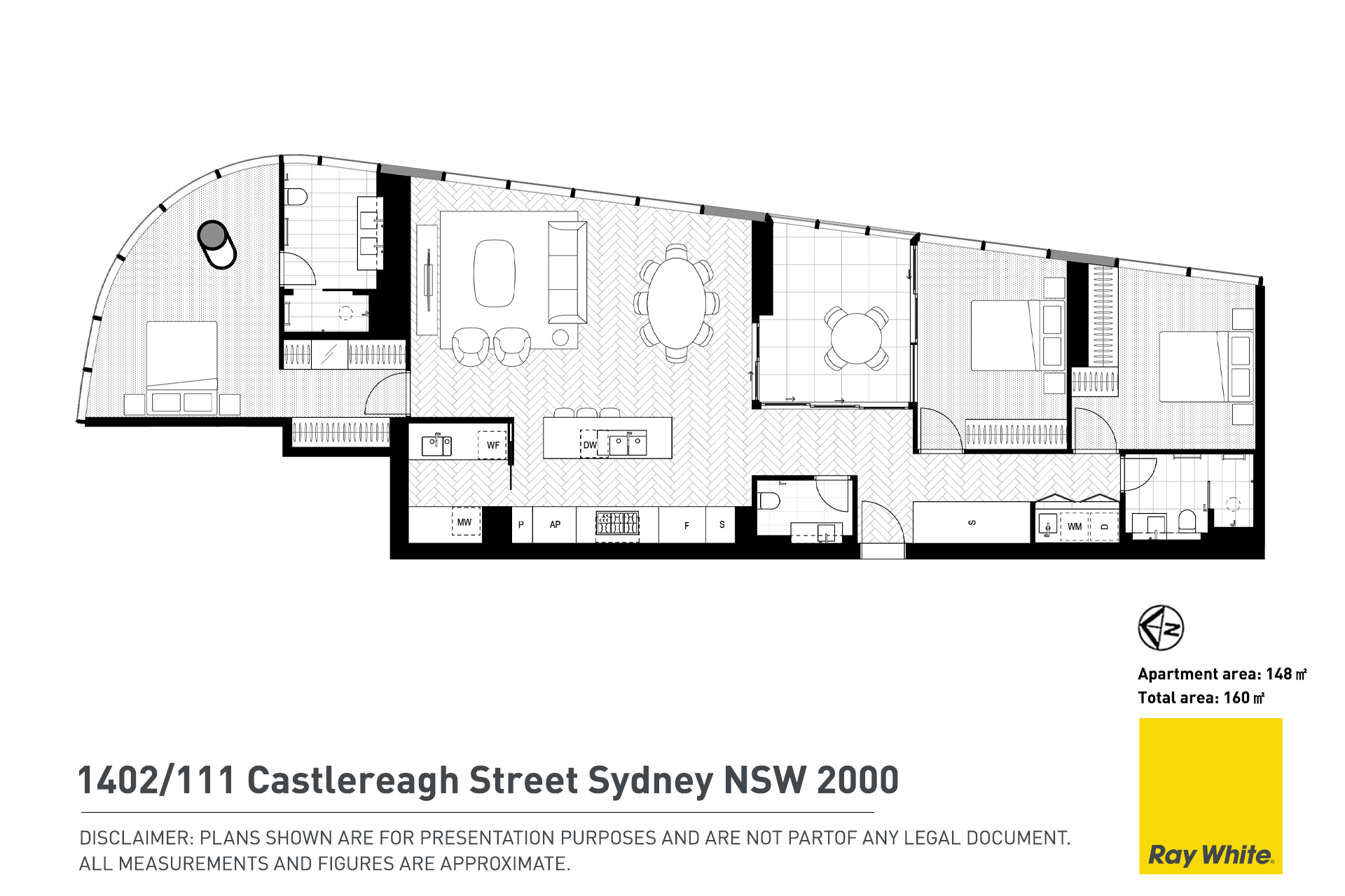1402/111 Castlereagh Street,三房 三房两卫及独立客用卫生间;图纸标Apartment area148㎡、Total160㎡,含备餐间及冬季花园。