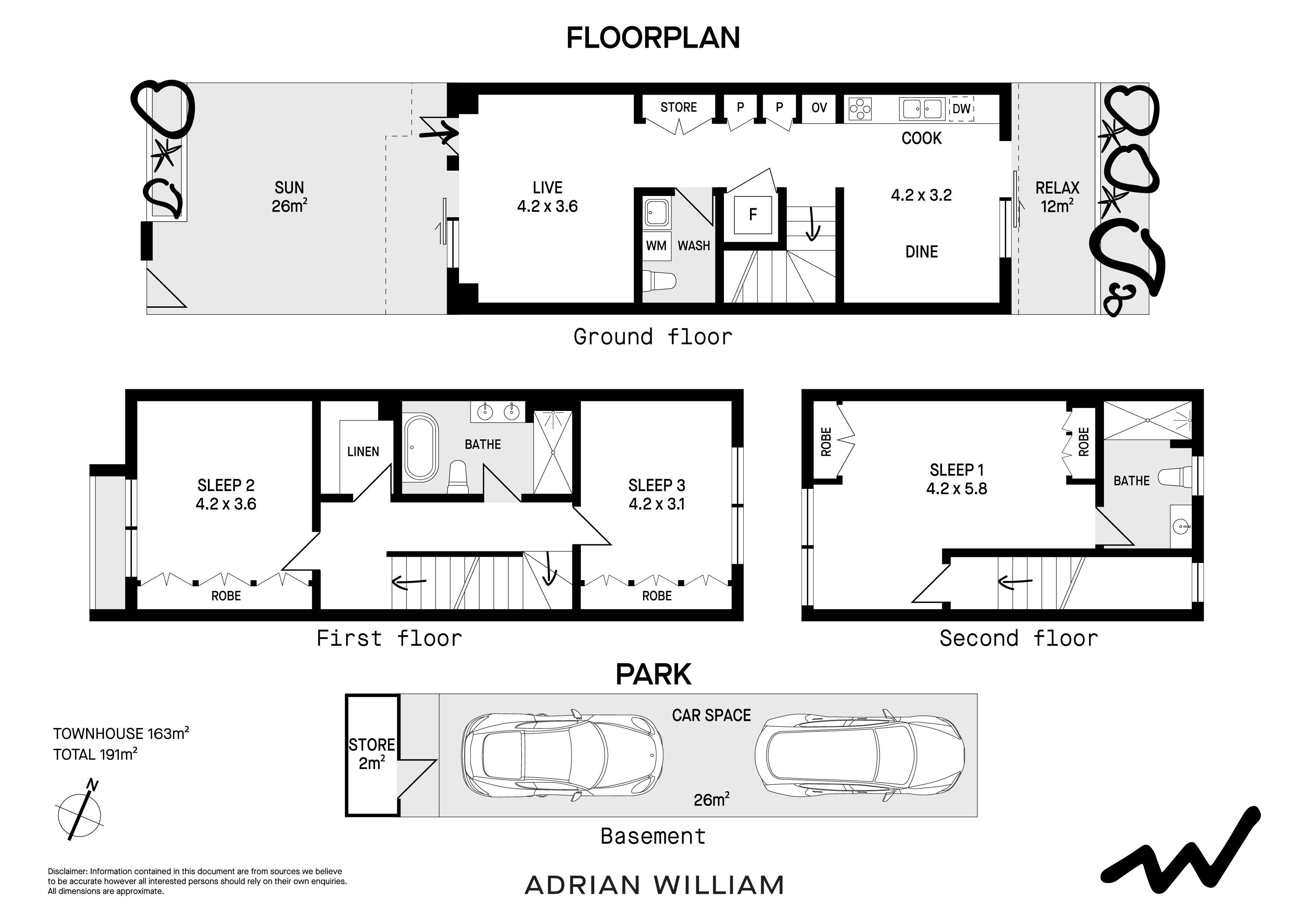 45/6 Mitchell Street,三房联排 45号历史成交原始图纸:三层居住空间、地下双车位与储物区;图纸标Townhouse163㎡、总191㎡,庭院包含于住宅面积口径,勿当作163㎡纯室内。