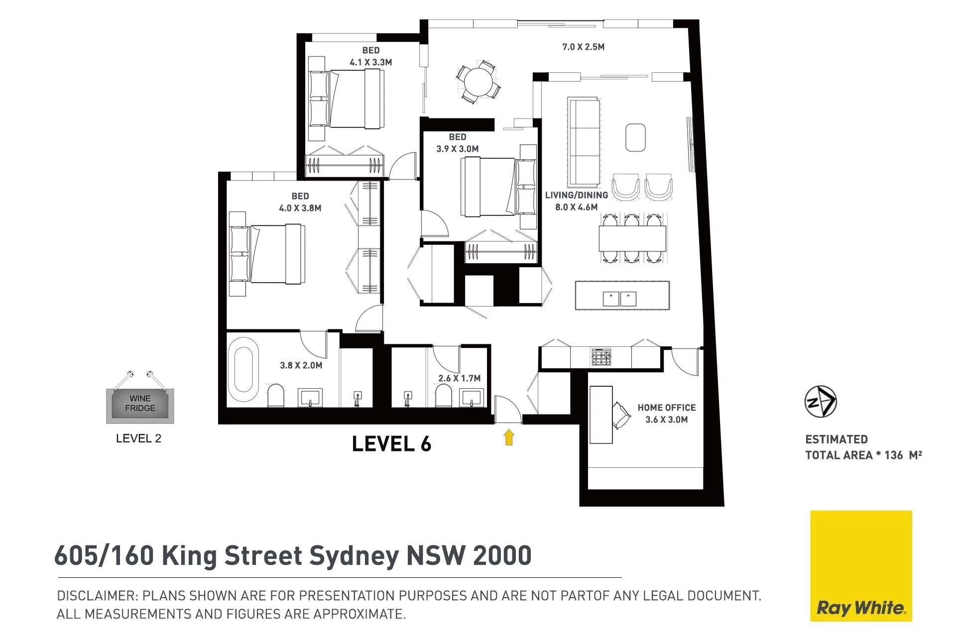 605/160 King Street,三房加书房 完整户型图含独立Home Office、两卫;图纸标估算总面积136㎡,另示Level2储酒空间。