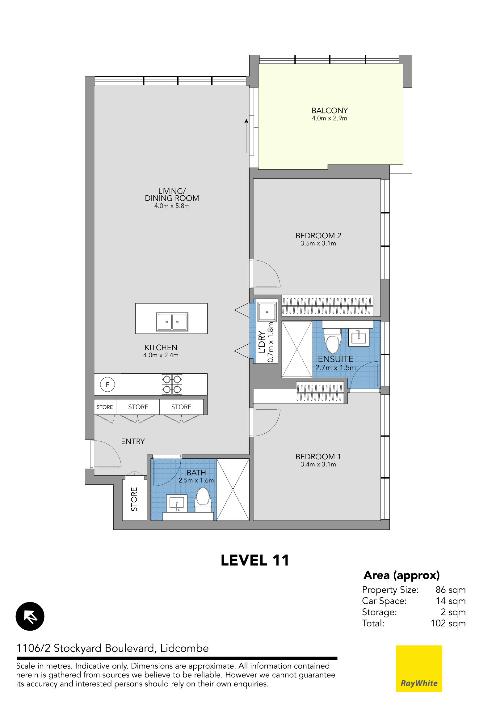 1106/2 Stockyard Boulevard:两房 Stage 2具体单位;住宅部分86㎡、车位14㎡、储物2㎡,合计102㎡。