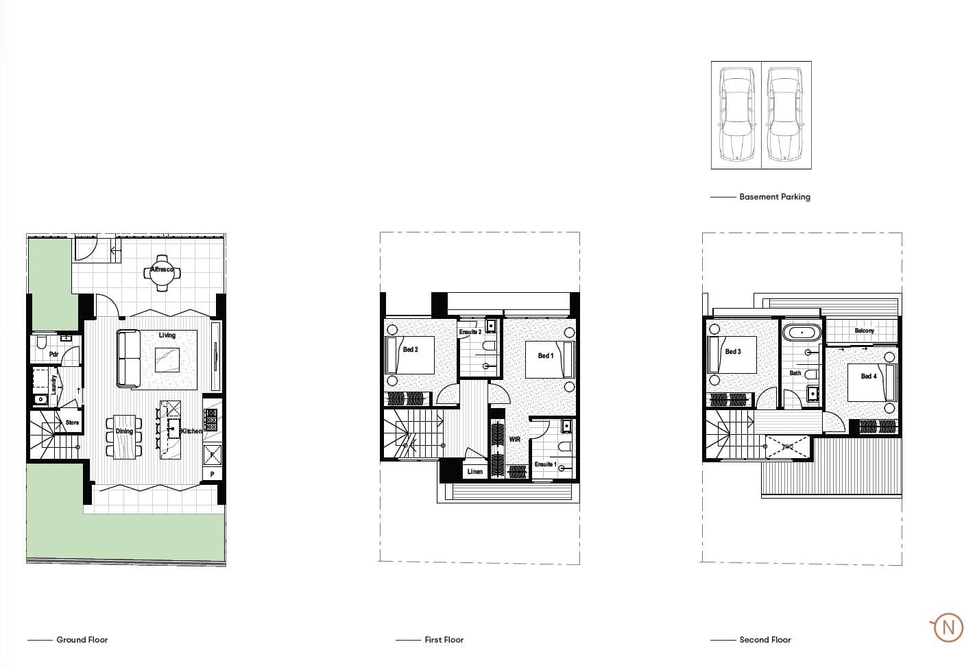 24/130–138 Archer Street|4房3卫2车位 24号联排:地面层客餐厅和庭院,上层四间卧室,其中两间带独立卫浴;地下双车位。