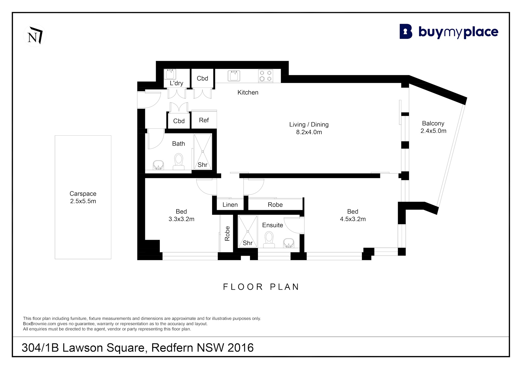 304/1B Lawson Square,两房 304号完整户型:两房两卫一车位,客餐厅约8.2×4米、阳台约2.4×5米。