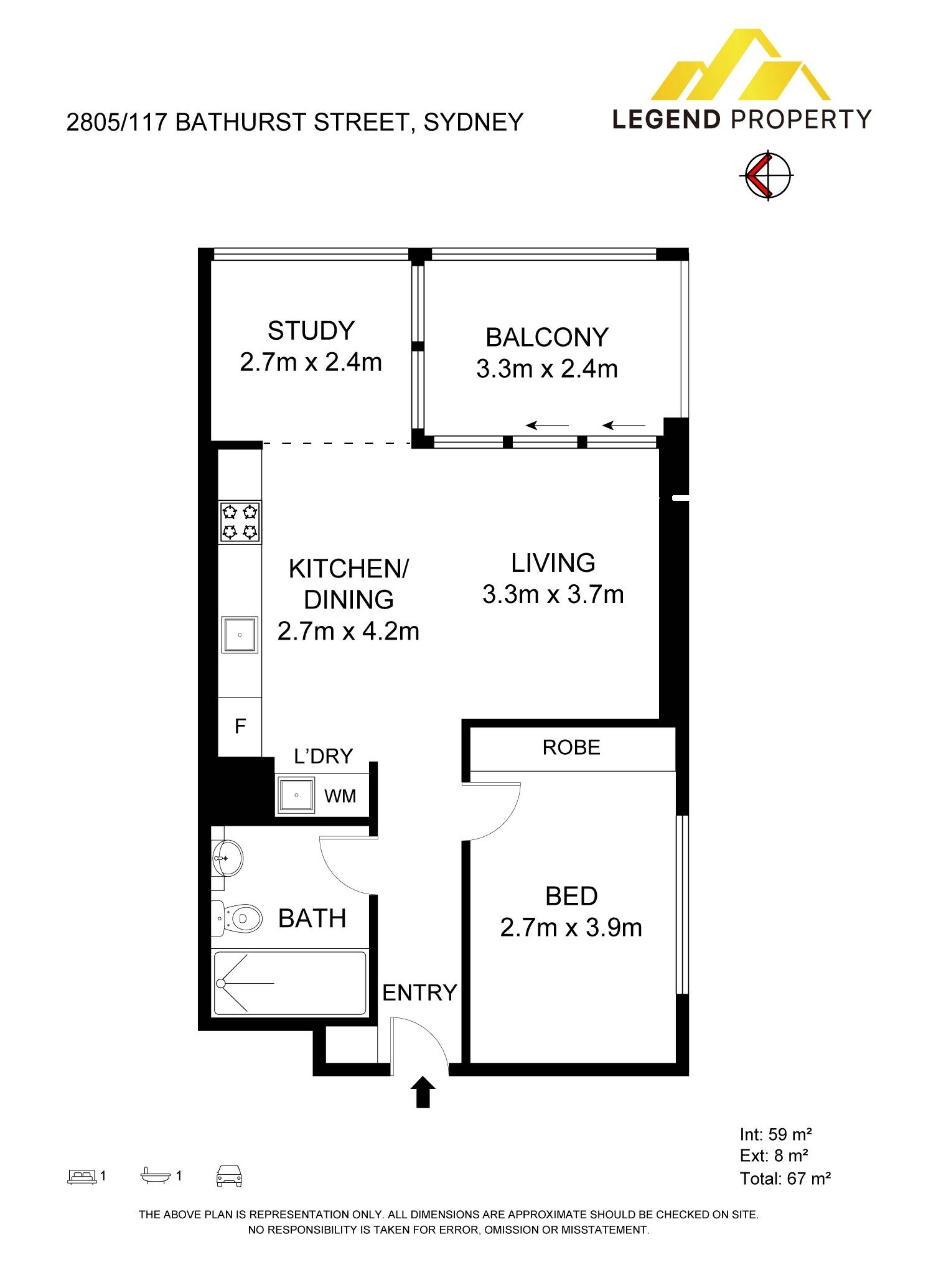2805/115–117 Bathurst Street,一房加书房 室内59㎡、阳台8㎡、总67㎡;独立书房与阳台相邻。