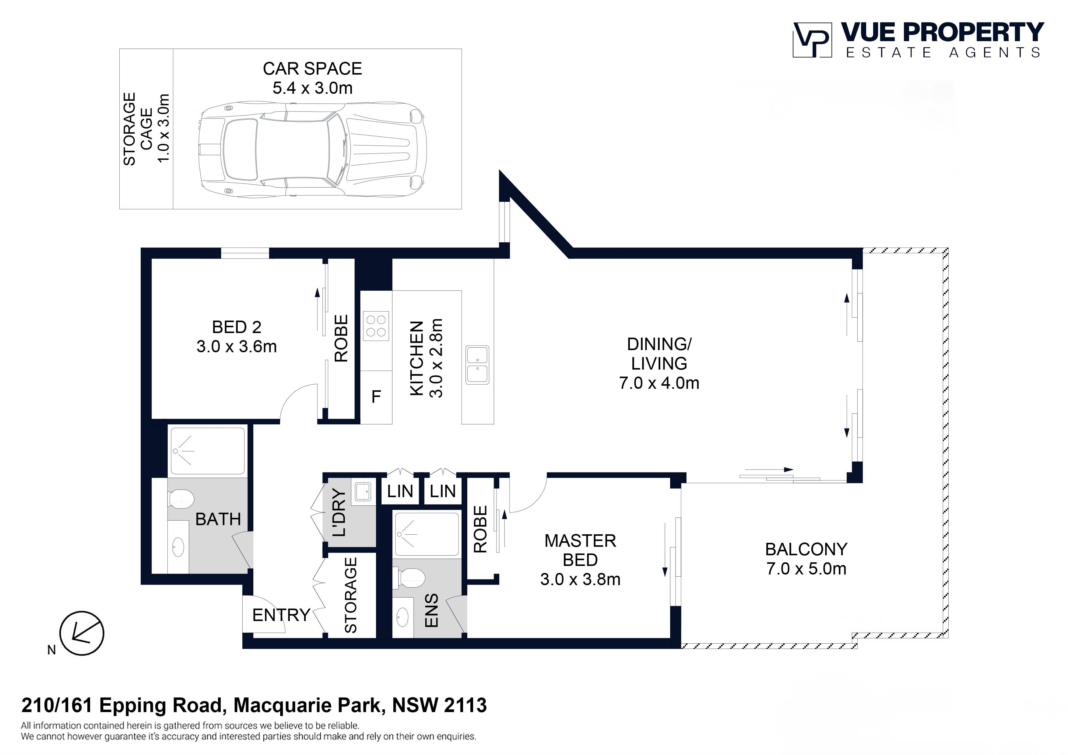 210/161 Epping Road:两房大阳台 两房两卫一车位,约7.0×5.0m转角阳台,车位与储物空间独立标示。